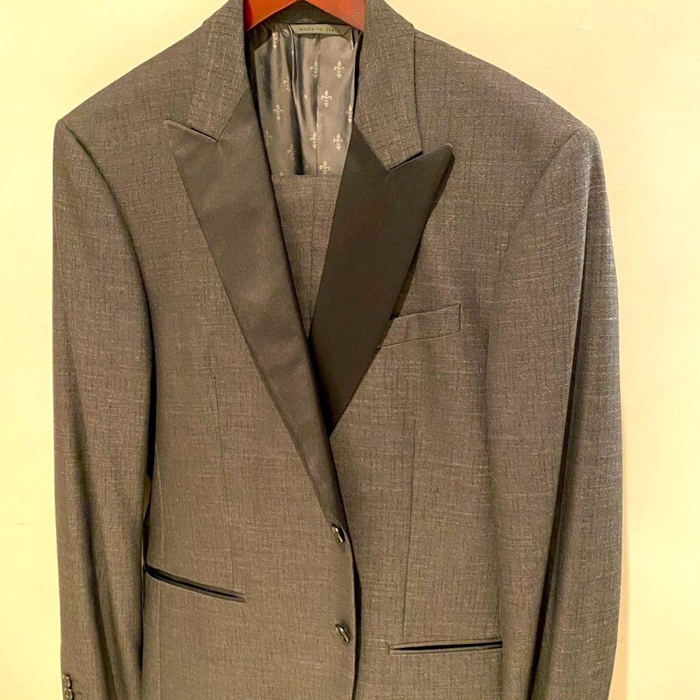 John Varvatos gray/black wool two button slim tuxedo suit